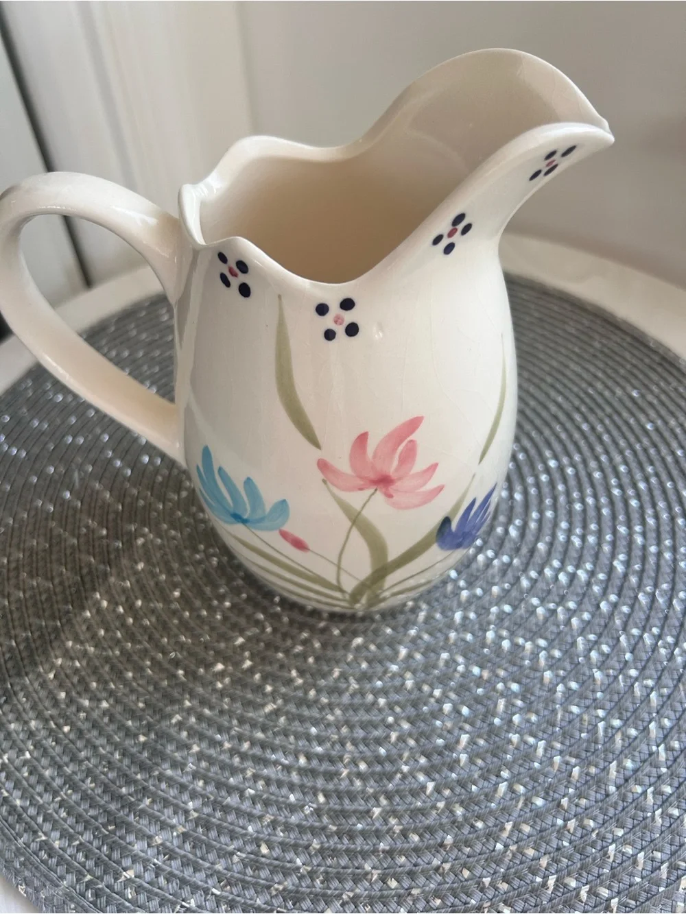 Vintage 1970s Roseville Pottery Floral Ceramic Pitcher Vase vessel W Handle